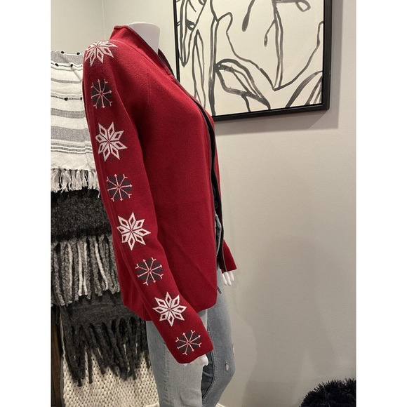 Eddie Bauer Fair Isle ❄️ Full Zip Front Red Sweater Cardigan Sport Sz M - Picture 4 of 7